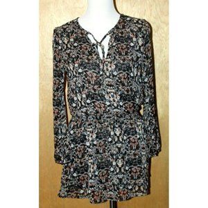 NEW Veronica M. XS Smocked Ruffle Dress Black Brown Floral Tie Neck Long Sleeve